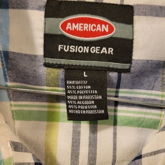 American Fusion Gear Mens Large Short Sleeve Shirt Blue Green Plaid Button Up - Picture 4 of 5